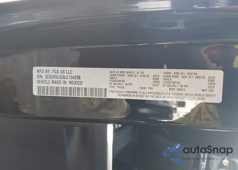 2020 Ram Promaster 3500 Cargo Van High Roof 159 Wb Ext from USA, damaged, VIN 3C6URVJG9LE134296